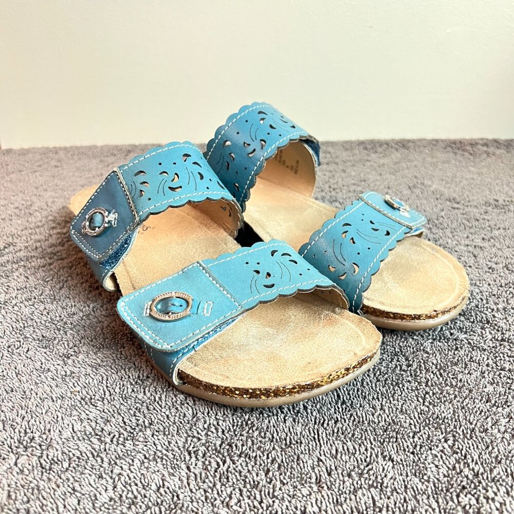 Earth Origins Womens Size 7 Tessa Blue Leather Slip On‎ Flat Sandals Shoes